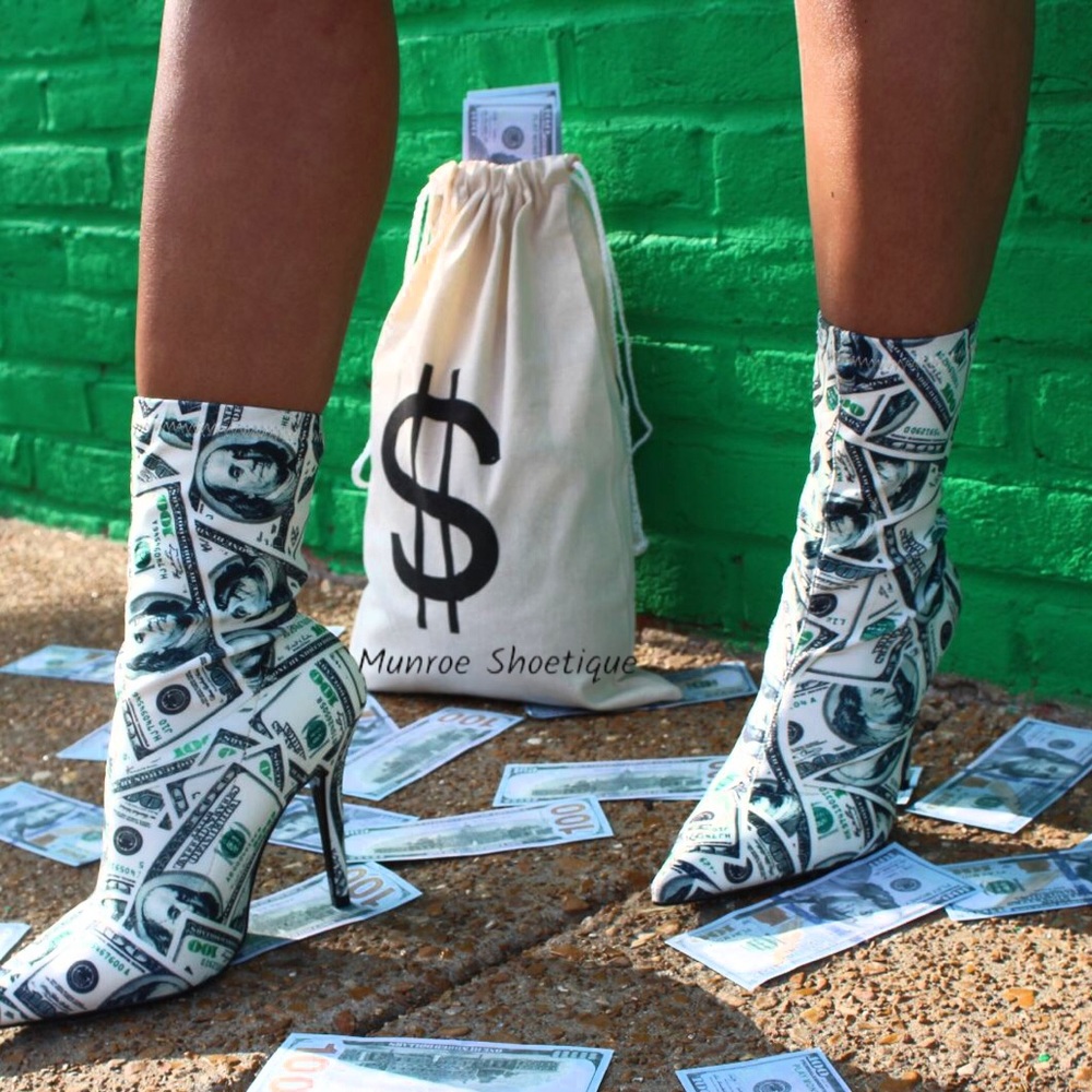 Money Print Pointy Toe Heel Booties